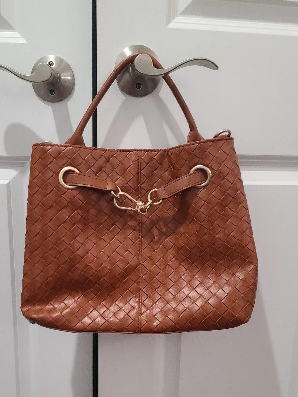 Faux Leather Woven Handbag Brown